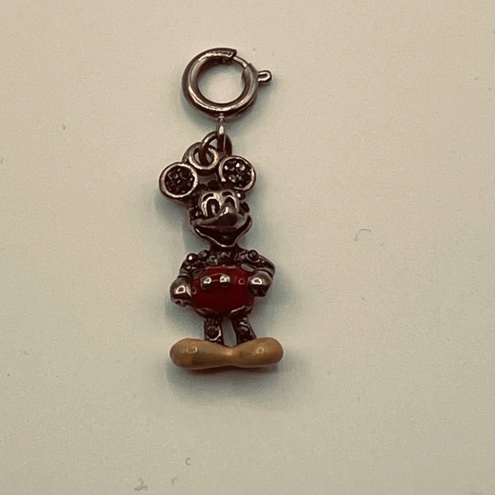 Disney Mickey Mouse Charm Pendant Silver Tone Red Enamel Rhinestone Sparkle